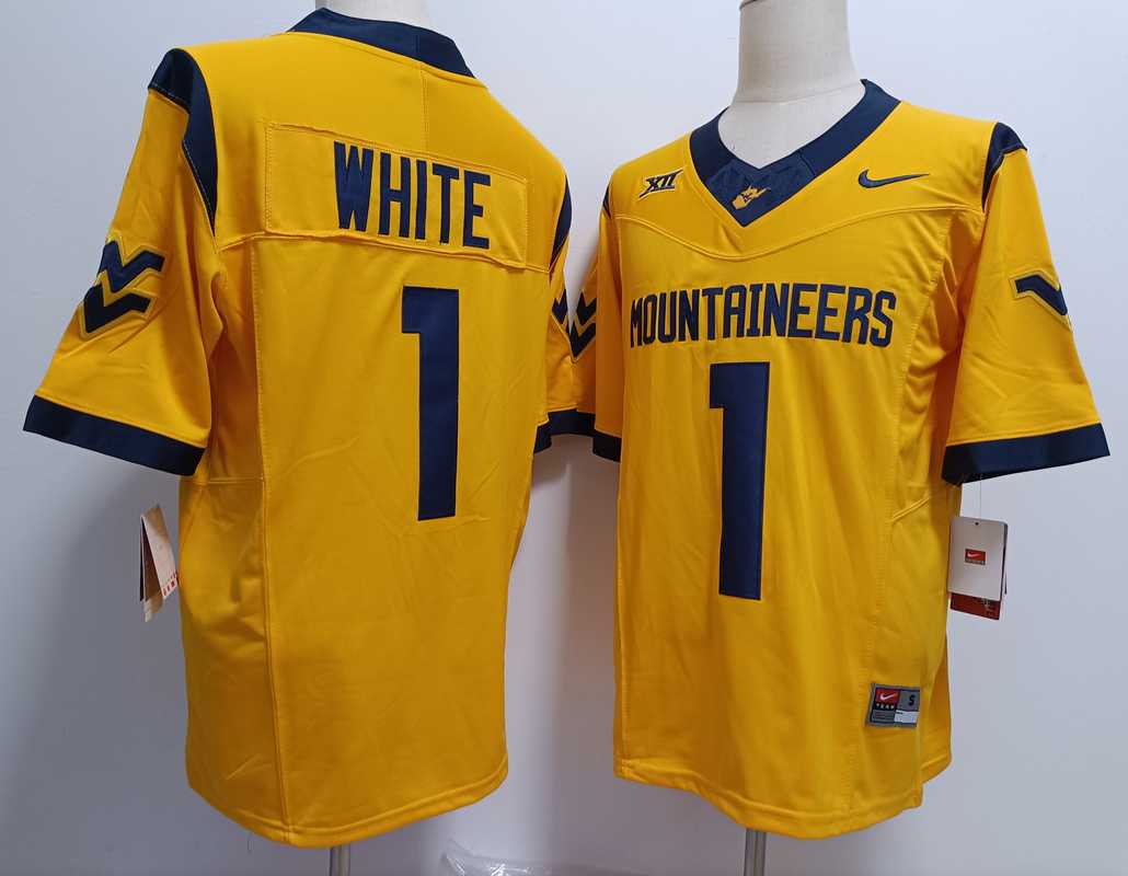 Mens West Virginia Mountaineers #1 Jahiem White Yellow FUSE College Stitched Jersey